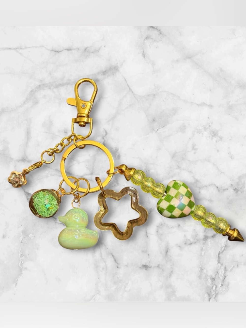 Green Checkered Heart & Duck Charm Keychain